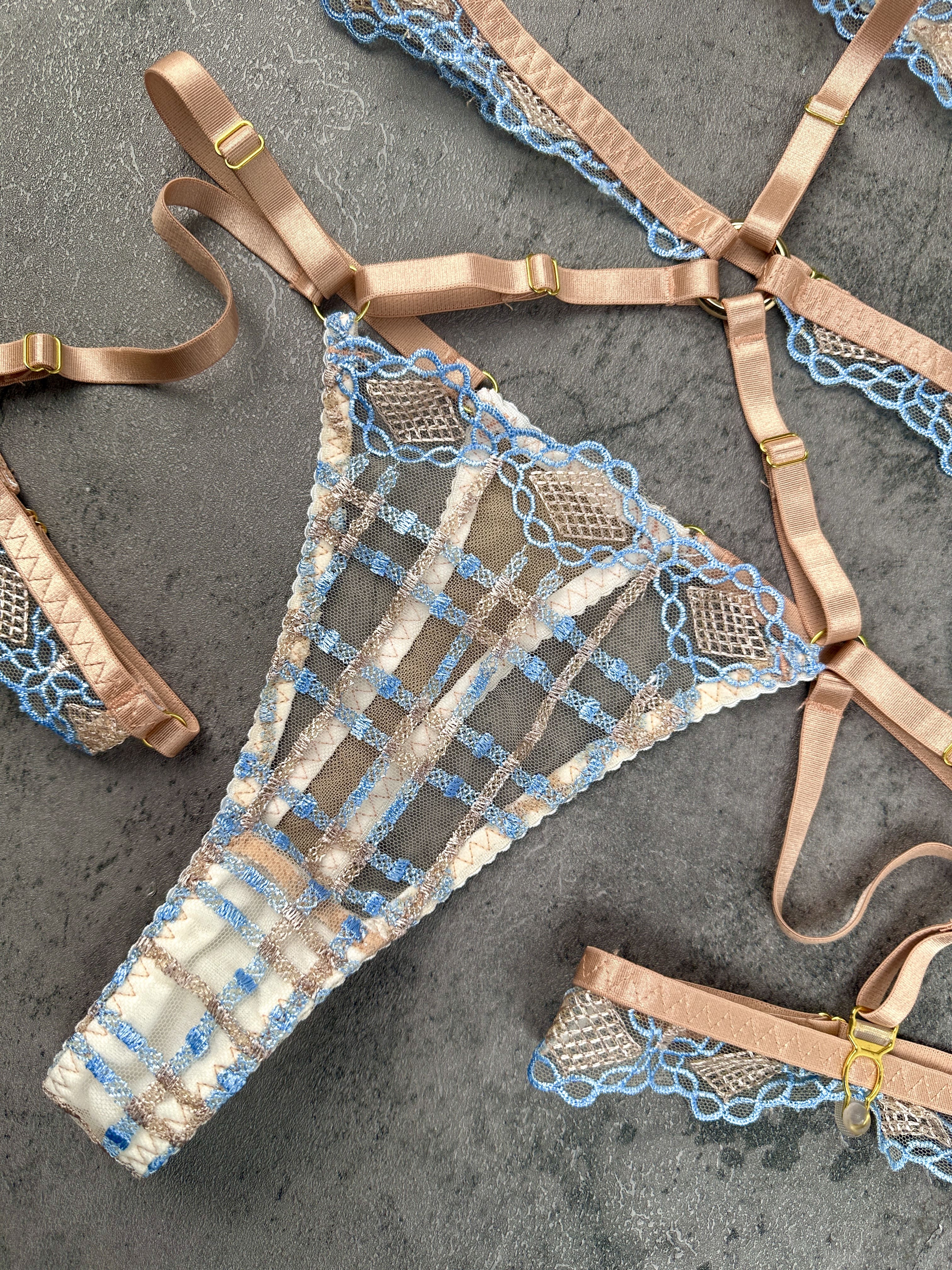 Sophia Blue Beige Plaid Lingerie Set 4 Piece Harness Hello.LA.Girl