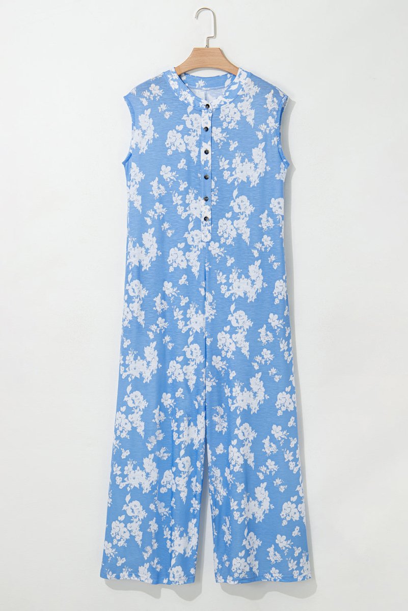 Myosotis Floral Print Half Button Wide Leg Relaxed Jumpsuit - Love Salve 
