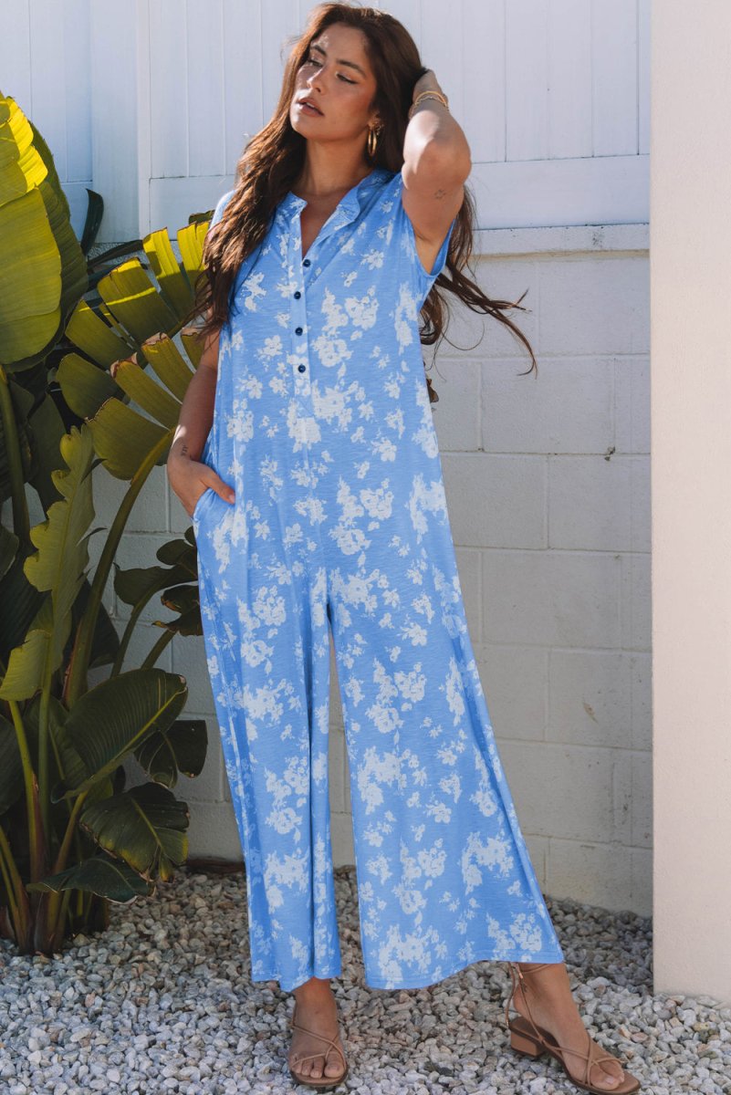 Myosotis Floral Print Half Button Wide Leg Relaxed Jumpsuit - Love Salve 