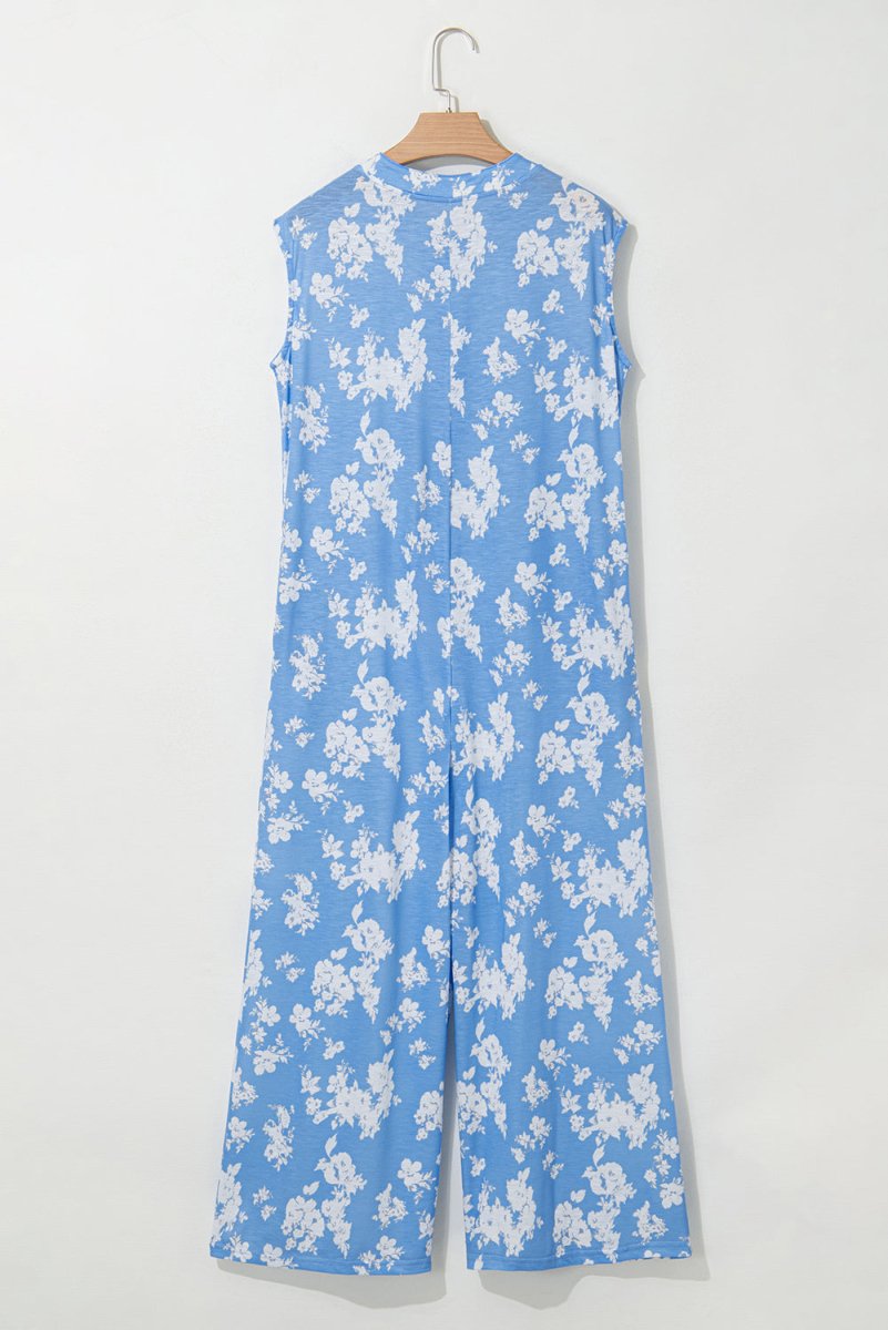 Myosotis Floral Print Half Button Wide Leg Relaxed Jumpsuit - Love Salve 