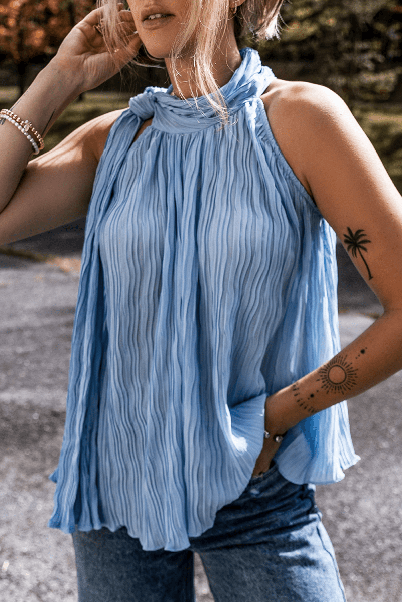 Myosotis Textured Pleated Tied Mock Neck Flowy Tank Top - Love Salve 