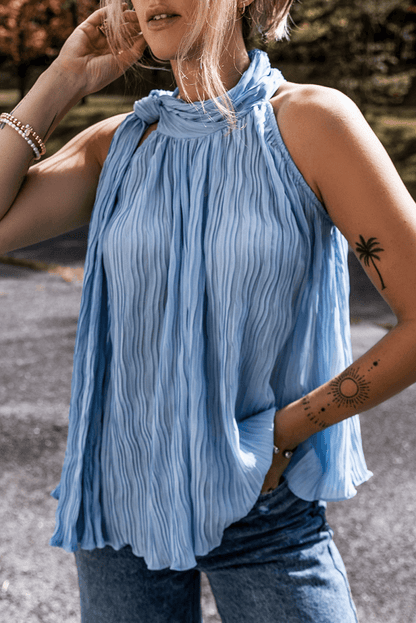 Myosotis Textured Pleated Tied Mock Neck Flowy Tank Top - Love Salve 