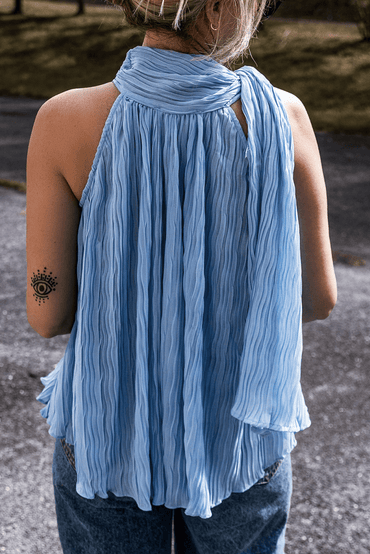 Myosotis Textured Pleated Tied Mock Neck Flowy Tank Top - Love Salve 