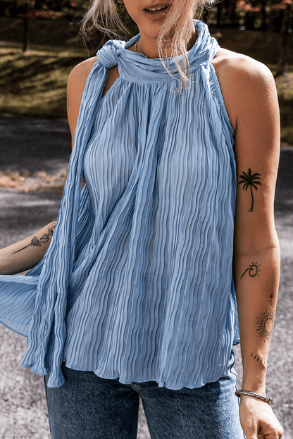Myosotis Textured Pleated Tied Mock Neck Flowy Tank Top - Love Salve 