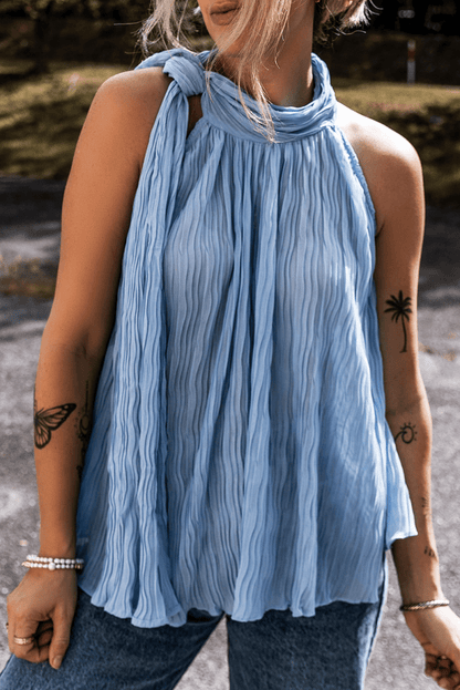 Myosotis Textured Pleated Tied Mock Neck Flowy Tank Top - Love Salve 