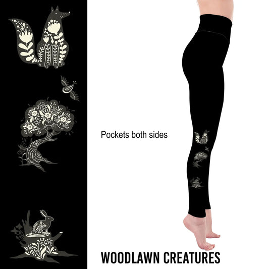 Woodland Creature Leggings with Pockets – Folk Art Nature Design MM