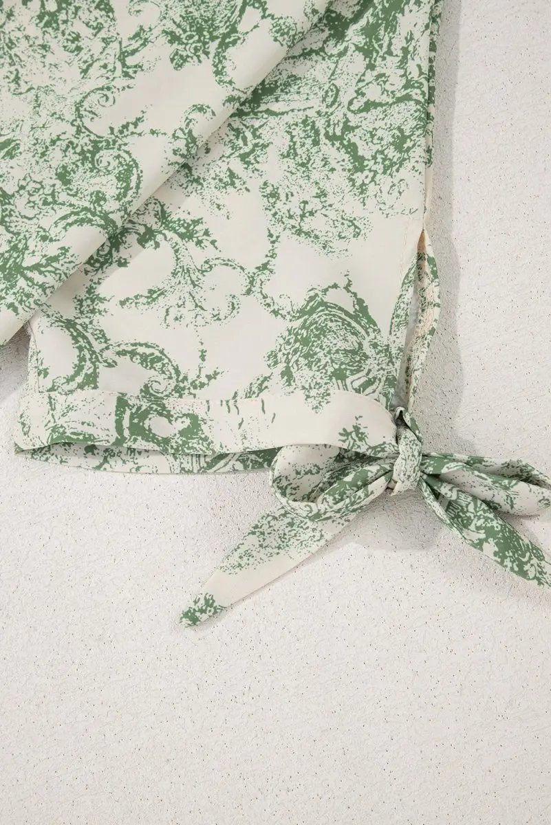 Nature-Inspired Green Print 3/4 Sleeve Sash Shirt - Love Salve 