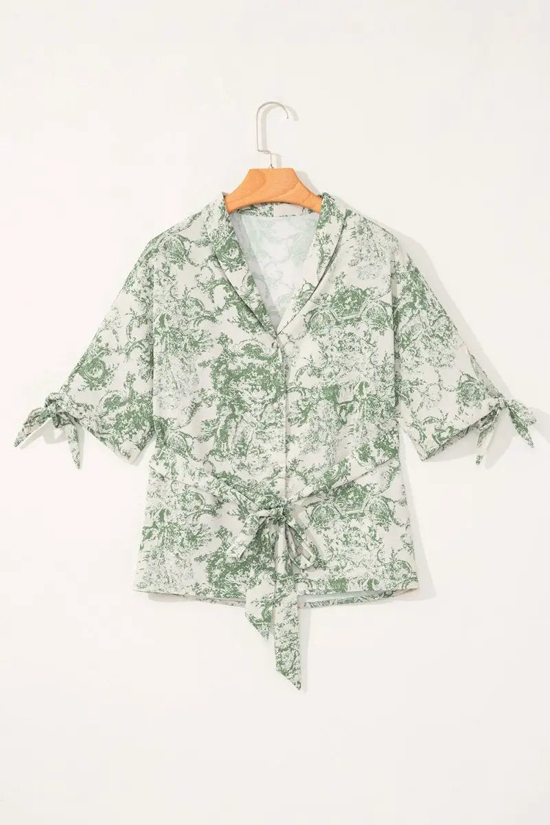Nature-Inspired Green Print 3/4 Sleeve Sash Shirt - Love Salve 