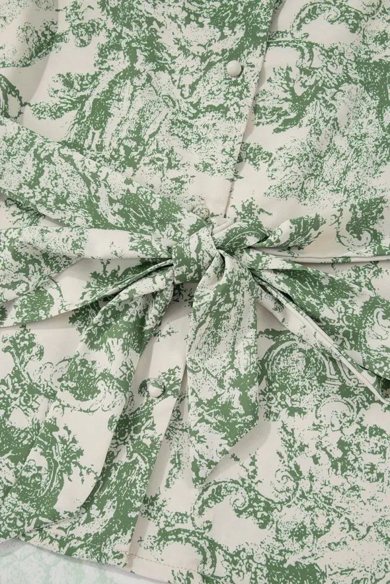 Nature-Inspired Green Print 3/4 Sleeve Sash Shirt - Love Salve 