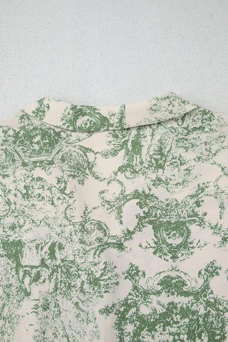 Nature-Inspired Green Print 3/4 Sleeve Sash Shirt - Love Salve 