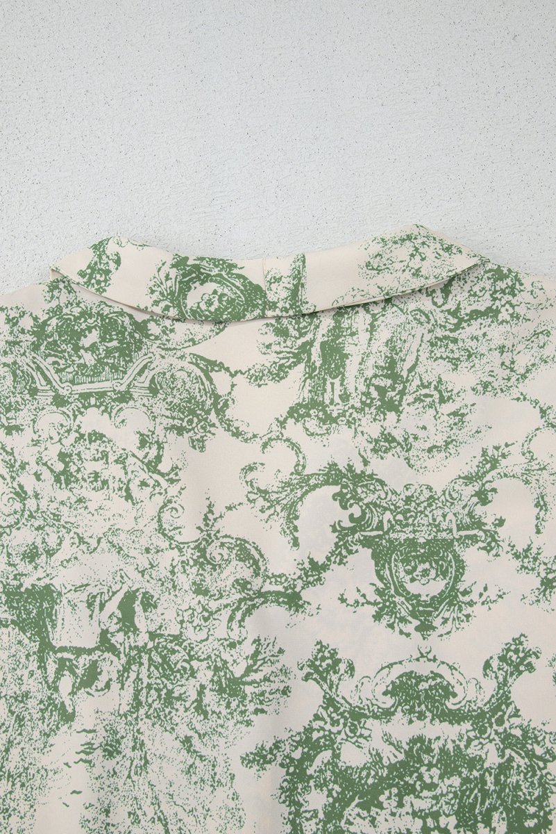 Nature-Inspired Green Print 3/4 Sleeve Sash Shirt - Love Salve 