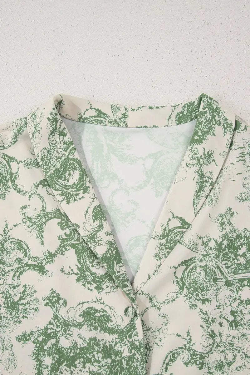 Nature-Inspired Green Print 3/4 Sleeve Sash Shirt - Love Salve 