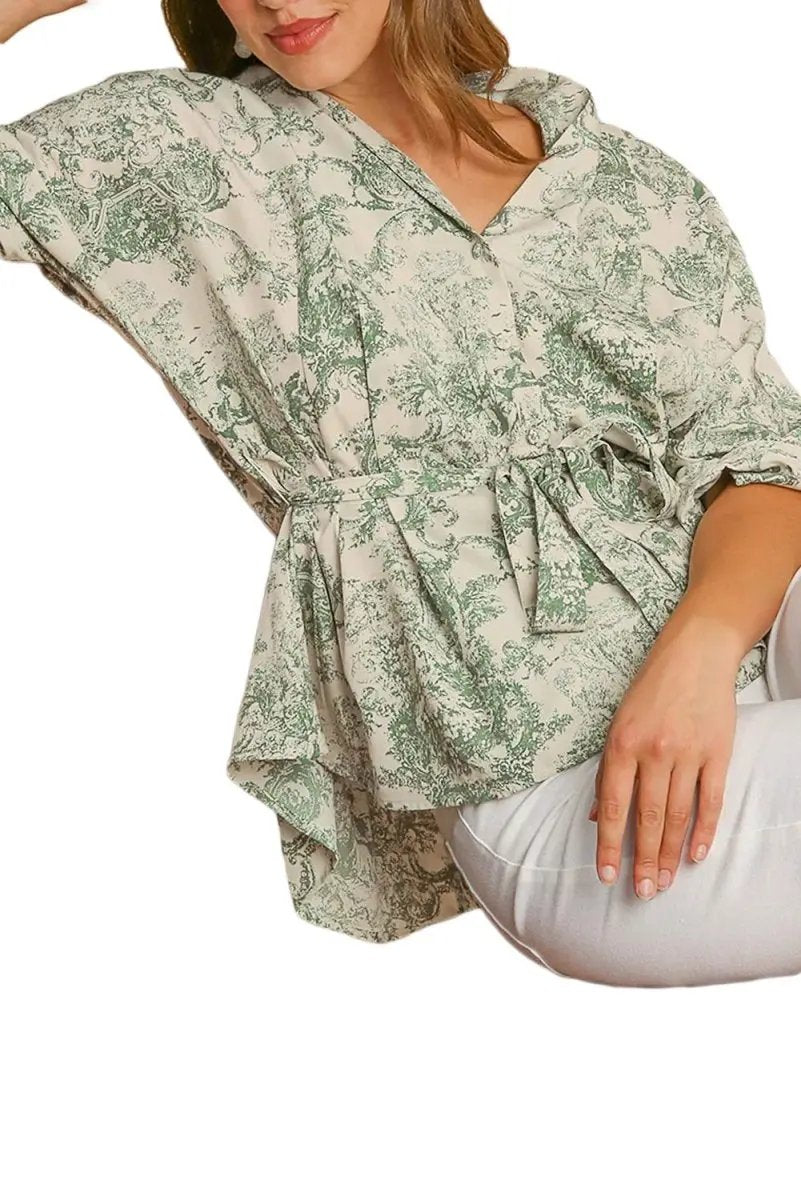 Nature-Inspired Green Print 3/4 Sleeve Sash Shirt - Love Salve 