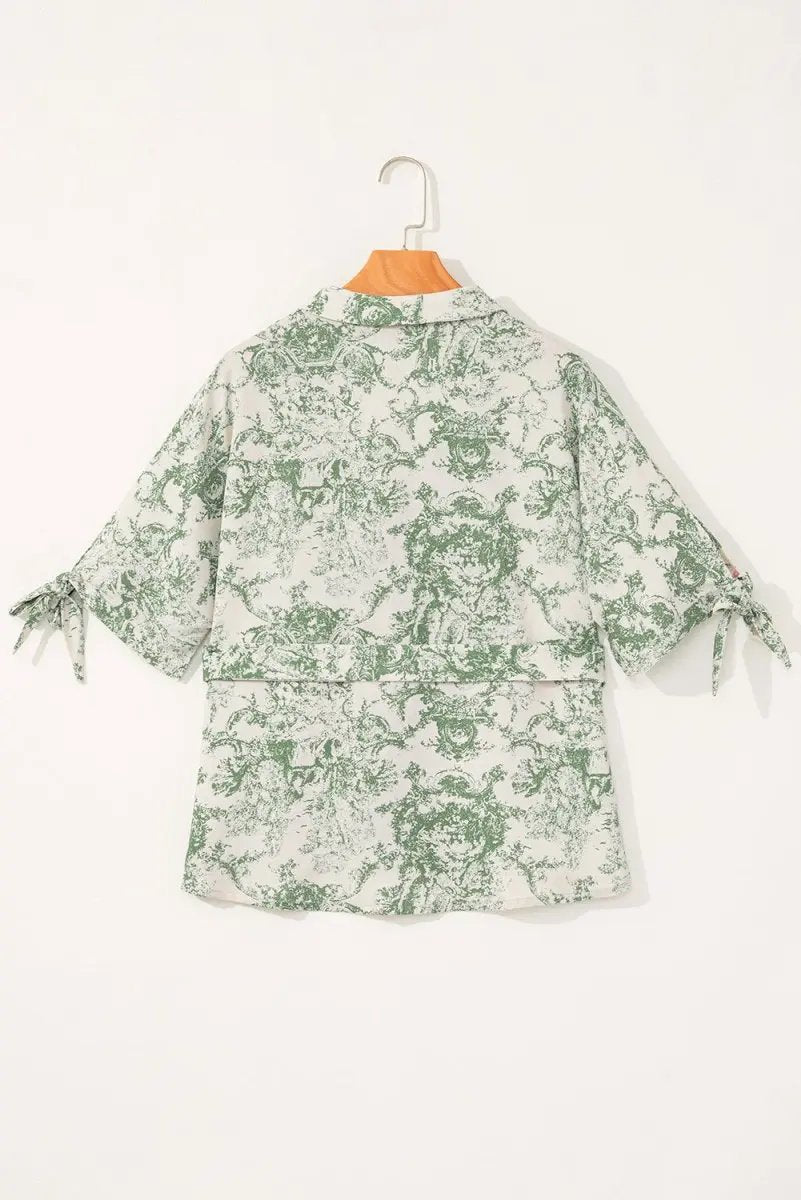 Nature-Inspired Green Print 3/4 Sleeve Sash Shirt - Love Salve 