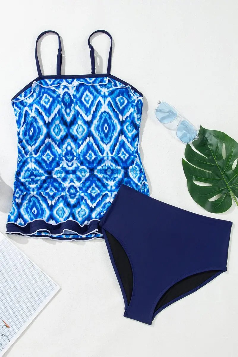 Navy Blue Abstract Print Frilled Trim Spaghetti Straps Tankini Set - Love Salve 