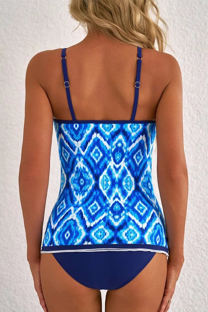 Navy Blue Abstract Print Frilled Trim Spaghetti Straps Tankini Set - Love Salve 