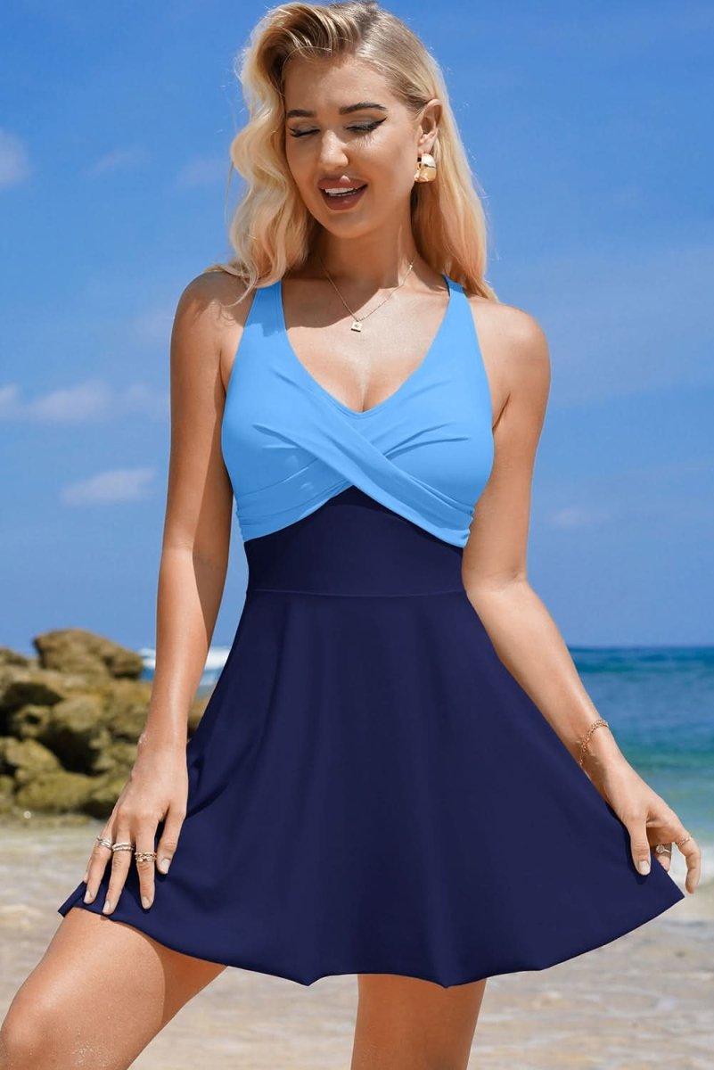 Navy Blue Flared One Piece Swimsuit with Crisscross Tie Back Straps - Love Salve