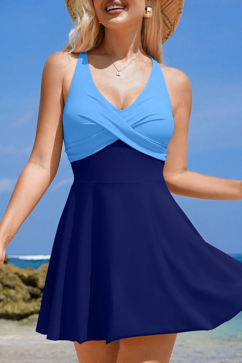 Navy Blue Flared One Piece Swimsuit with Crisscross Tie Back Straps - Love Salve