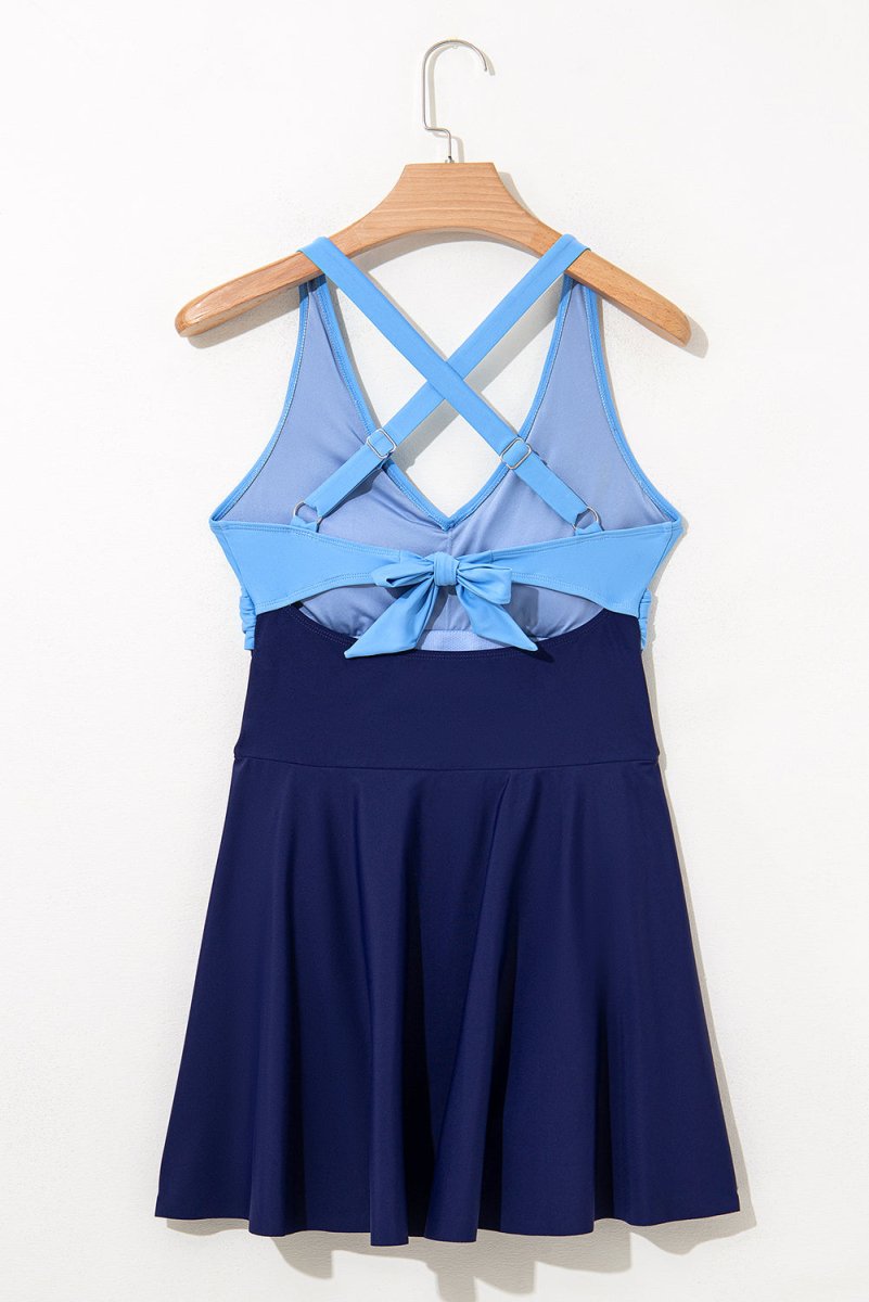 Navy Blue Flared One Piece Swimsuit with Crisscross Tie Back Straps - Love Salve