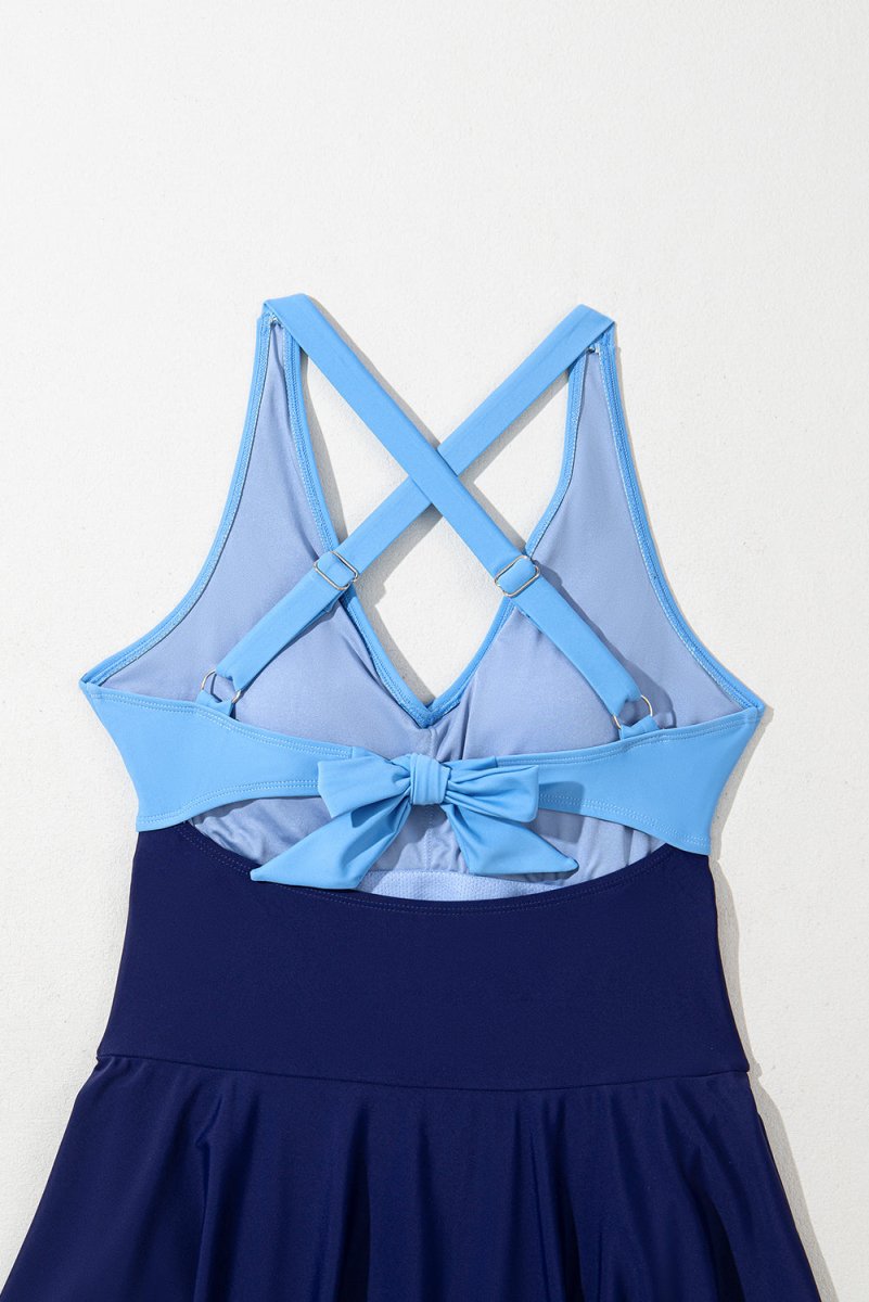 Navy Blue Flared One Piece Swimsuit with Crisscross Tie Back Straps - Love Salve