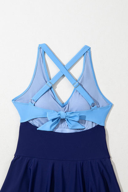 Navy Blue Flared One Piece Swimsuit with Crisscross Tie Back Straps - Love Salve