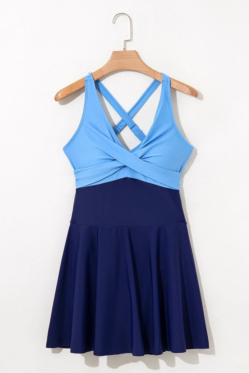 Navy Blue Flared One Piece Swimsuit with Crisscross Tie Back Straps - Love Salve