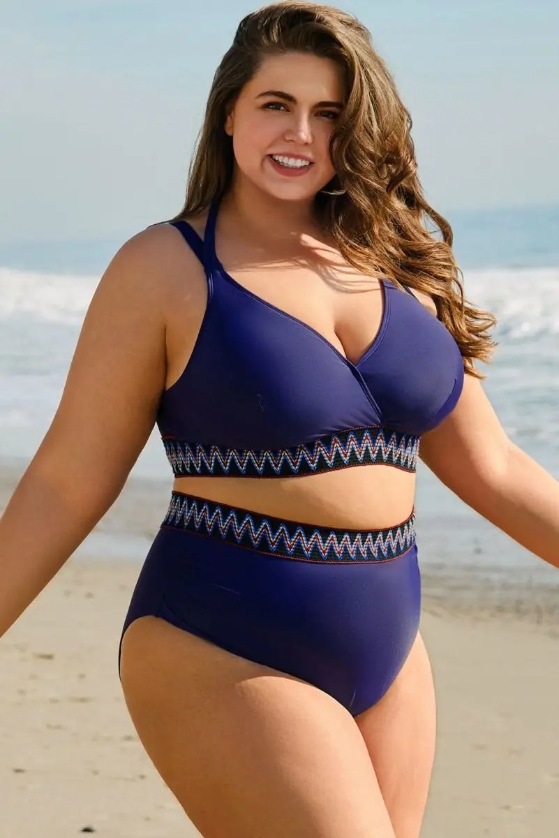 Navy Blue High Waisted Plus Size Bikini with Embroidered Wrap Tie Detail - Love Salve 