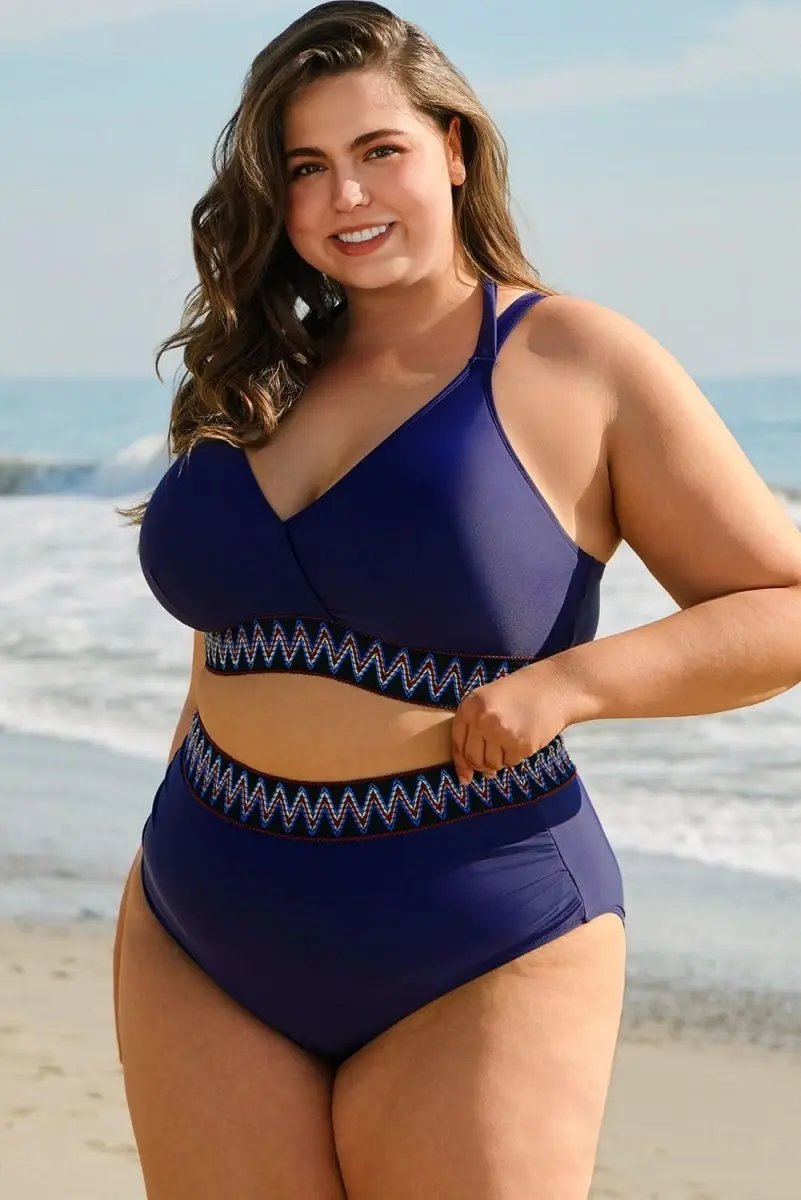 Navy Blue High Waisted Plus Size Bikini with Embroidered Wrap Tie Detail - Love Salve 