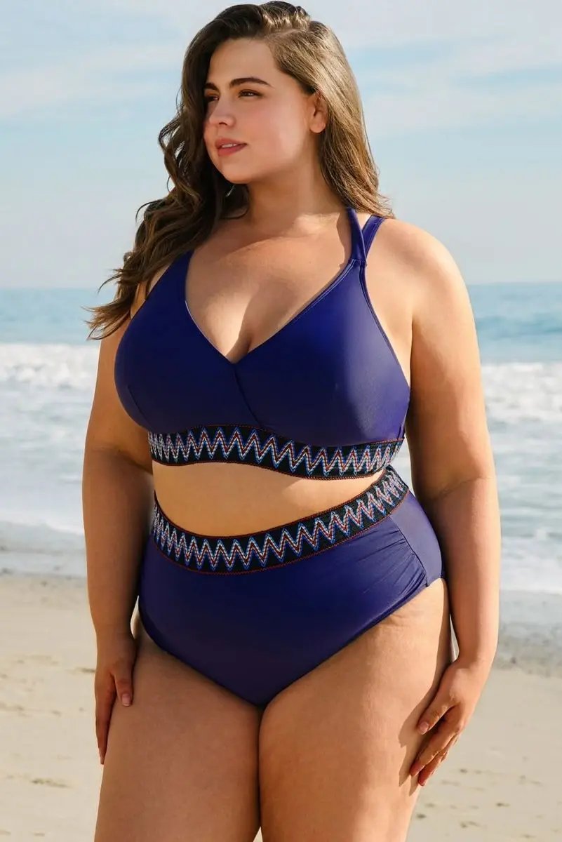 Navy Blue High Waisted Plus Size Bikini with Embroidered Wrap Tie Detail - Love Salve 