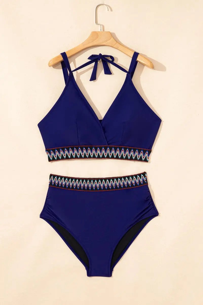 Navy Blue High Waisted Plus Size Bikini with Embroidered Wrap Tie Detail - Love Salve 