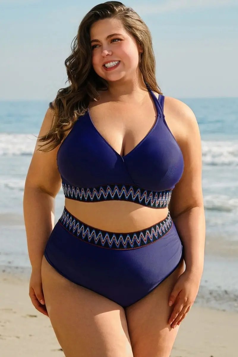 Navy Blue High Waisted Plus Size Bikini with Embroidered Wrap Tie Detail - Love Salve 