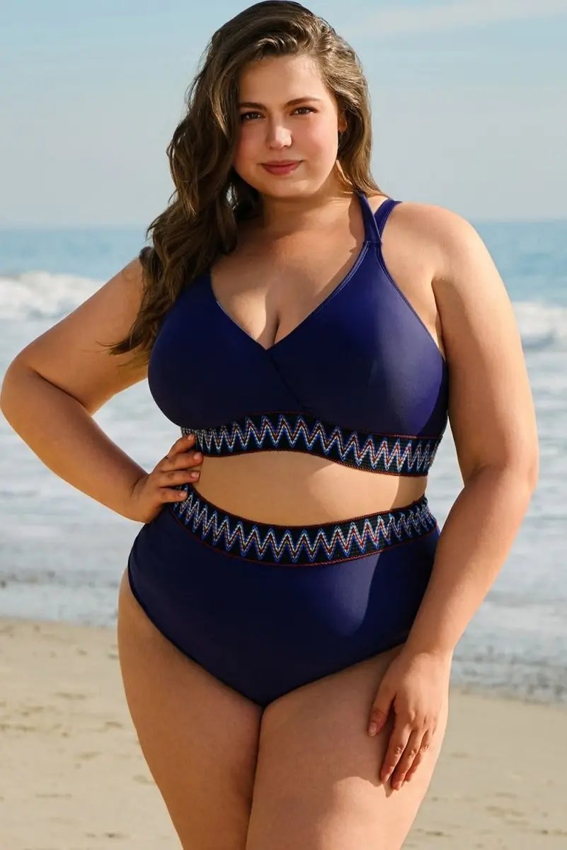 Navy Blue High Waisted Plus Size Bikini with Embroidered Wrap Tie Detail - Love Salve 