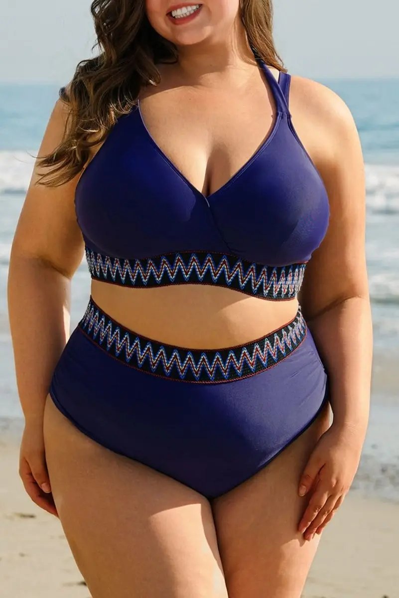 Navy Blue High Waisted Plus Size Bikini with Embroidered Wrap Tie Detail - Love Salve 
