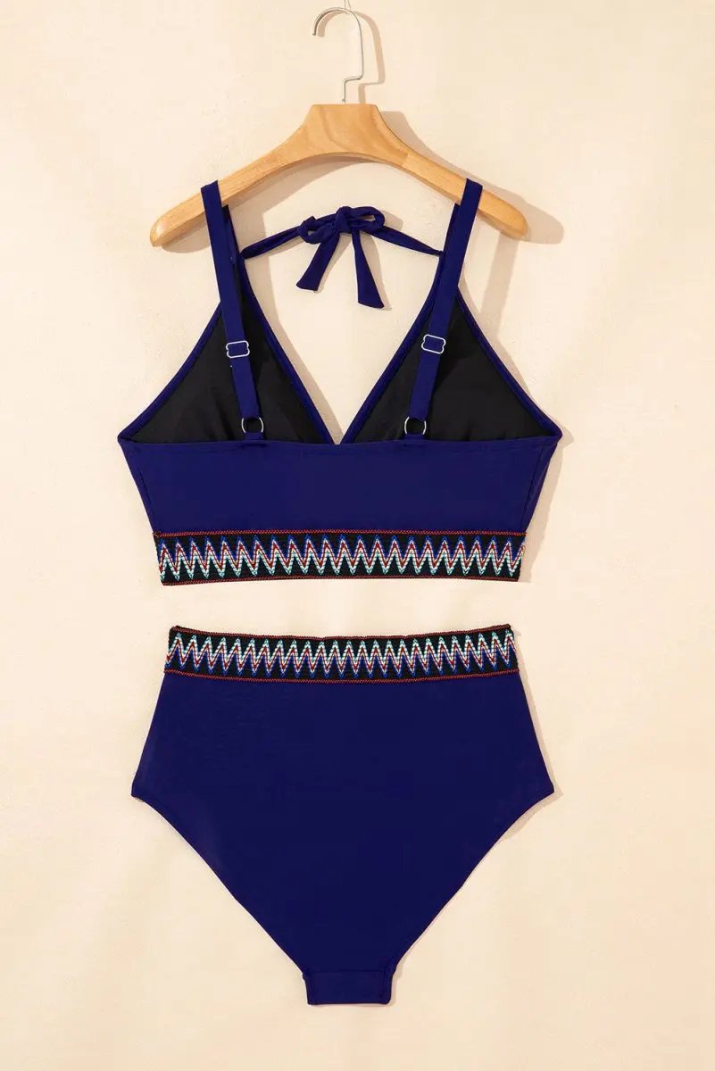 Navy Blue High Waisted Plus Size Bikini with Embroidered Wrap Tie Detail - Love Salve 