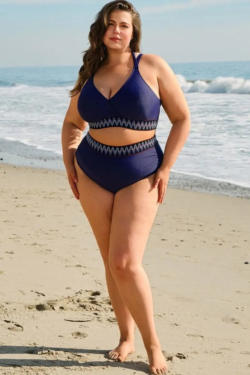 Navy Blue High Waisted Plus Size Bikini with Embroidered Wrap Tie Detail - Love Salve 