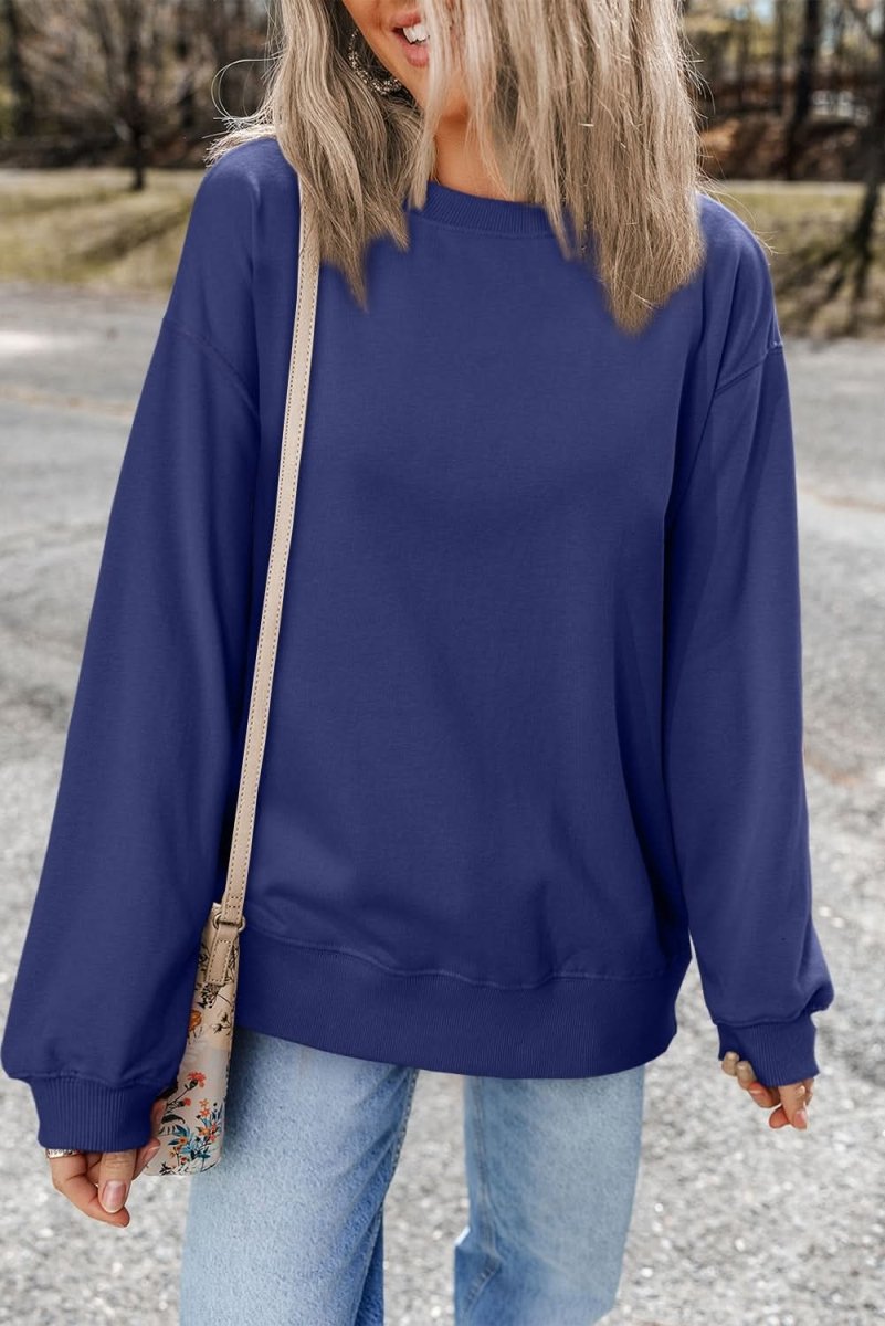 Navy Blue Plain Drop Shoulder Crewneck Pullover Sweatshirt - Love Salve 
