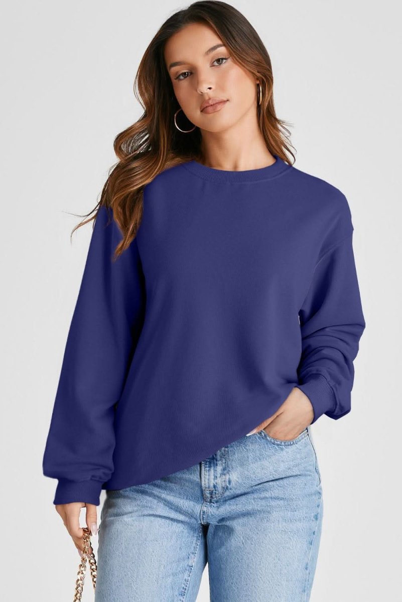 Navy Blue Plain Drop Shoulder Crewneck Pullover Sweatshirt - Love Salve 