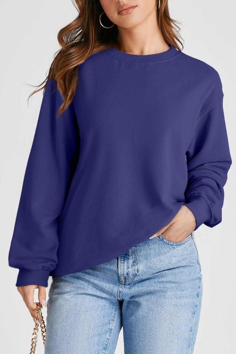 Navy Blue Plain Drop Shoulder Crewneck Pullover Sweatshirt - Love Salve 