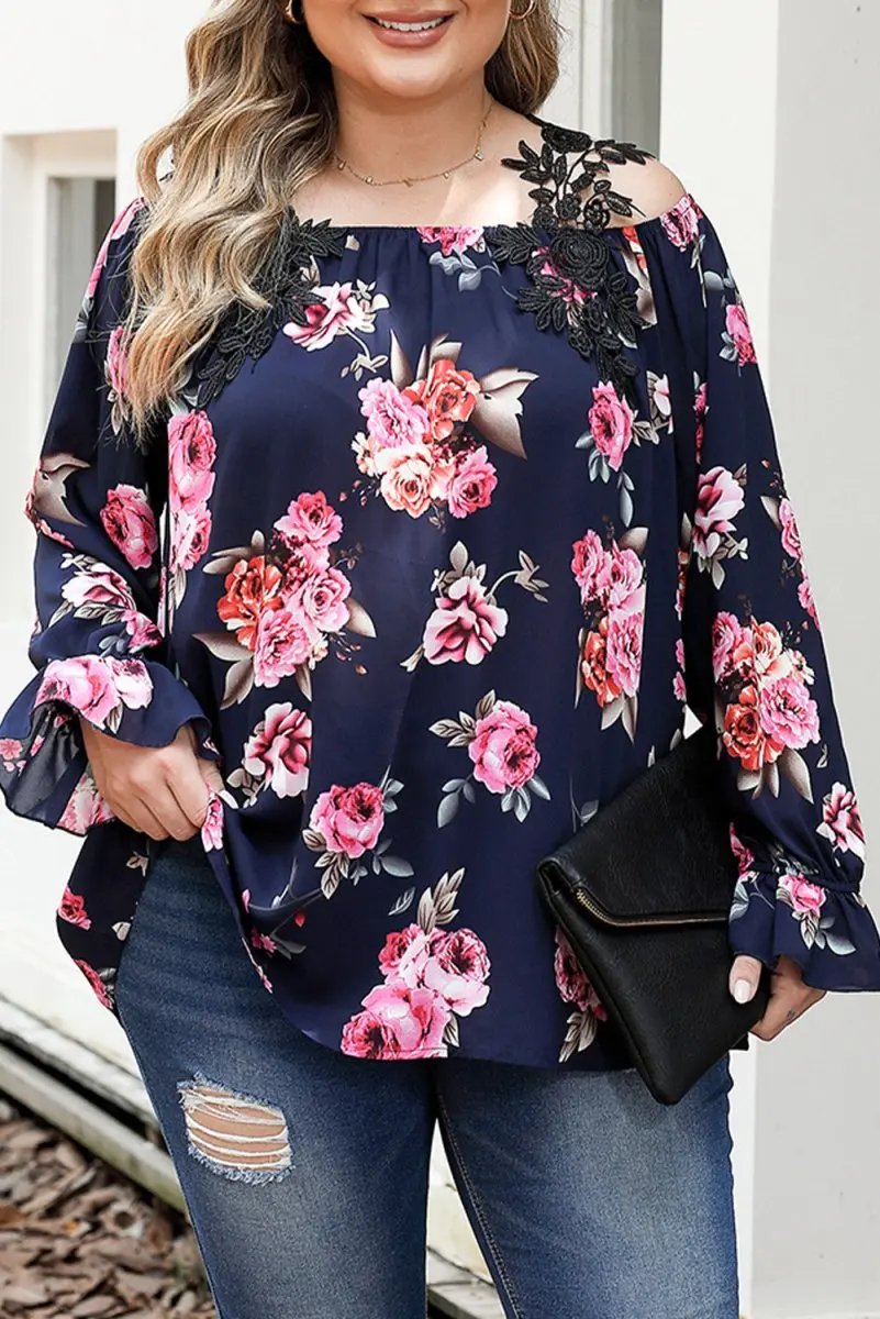 Navy Blue Plus Size Crochet Detail Cold Shoulder Floral Blouse - Love Salve 