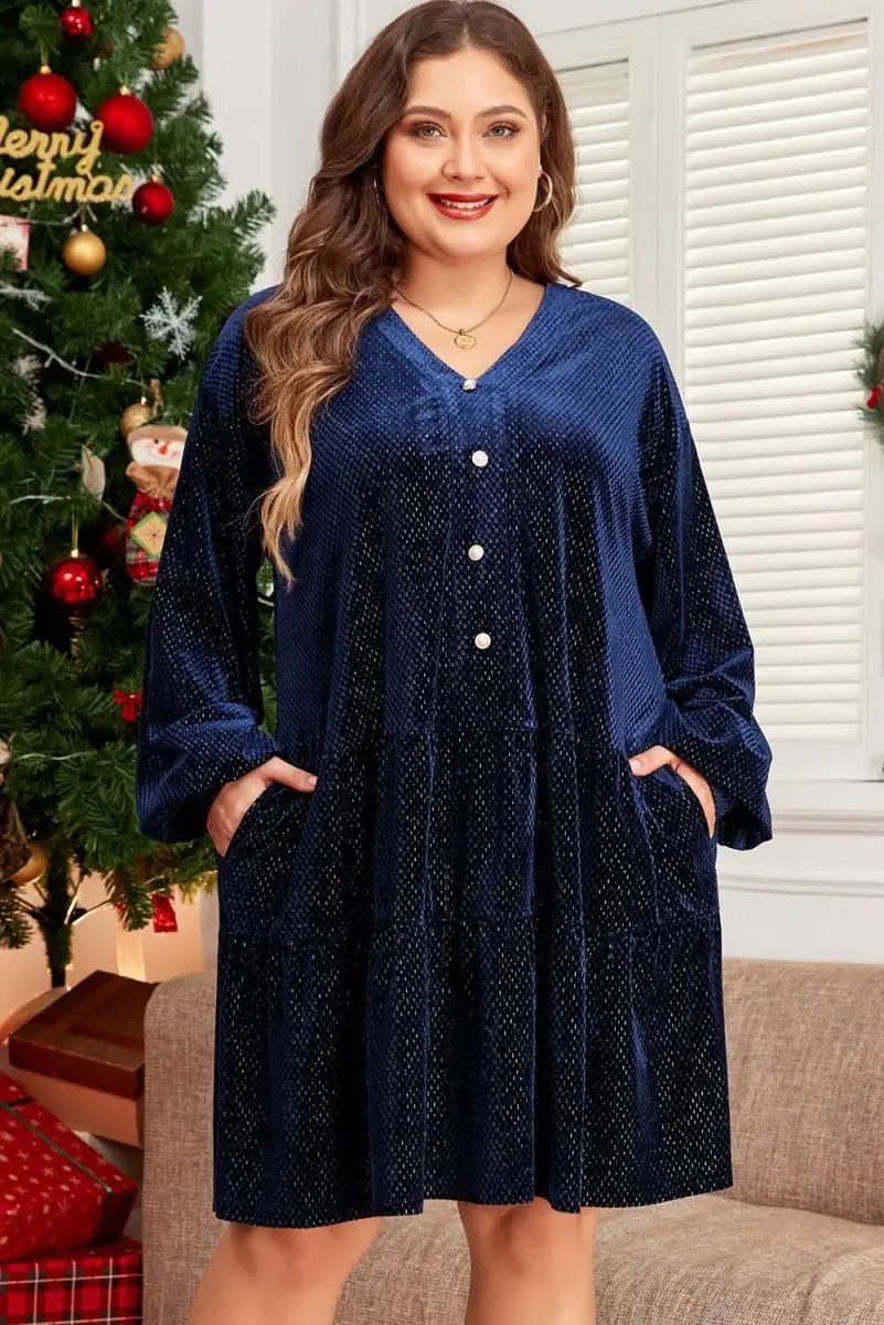 Navy Blue Plus Size Textured Velvet Tiered Button V Neck Dress - Love Salve 