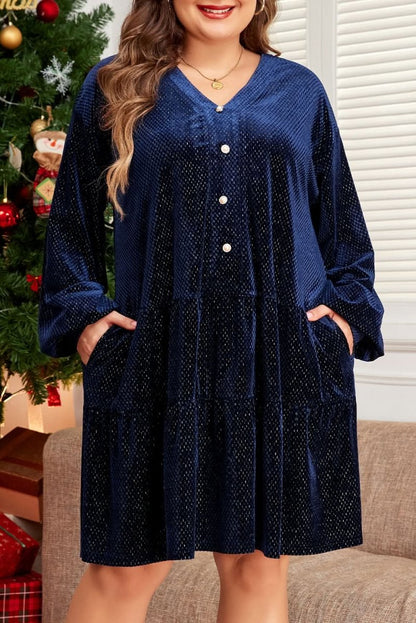 Navy Blue Plus Size Textured Velvet Tiered Button V Neck Dress - Love Salve