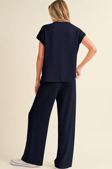 Navy Blue Solid Color Corded Short Sleeve Top Pants Set - Love Salve 