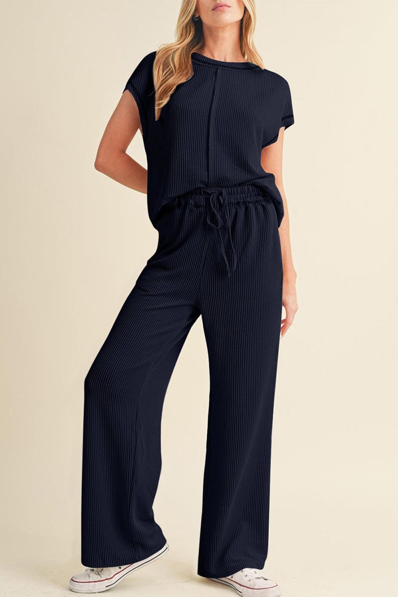 Navy Blue Solid Color Corded Short Sleeve Top Pants Set - Love Salve 
