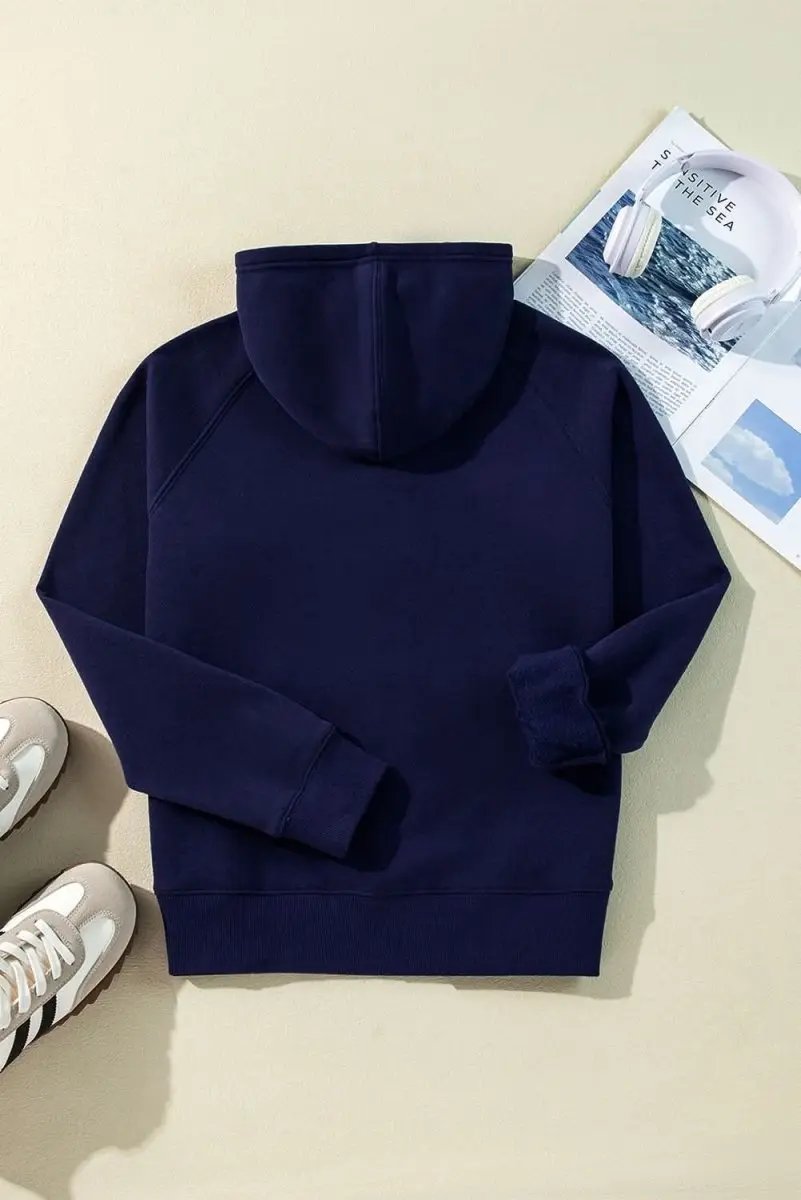 Navy Blue Solid Color Fleece Lined Zip up Hoodie - Love Salve 