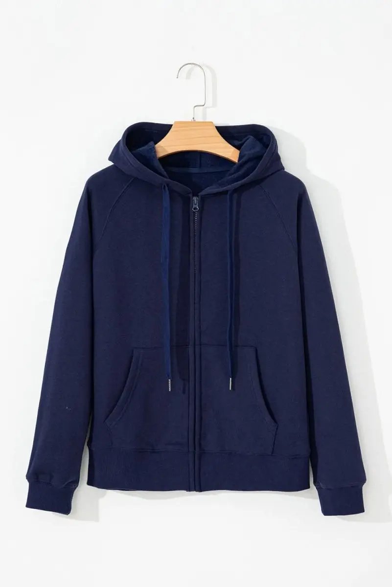 Navy Blue Solid Color Fleece Lined Zip up Hoodie - Love Salve 