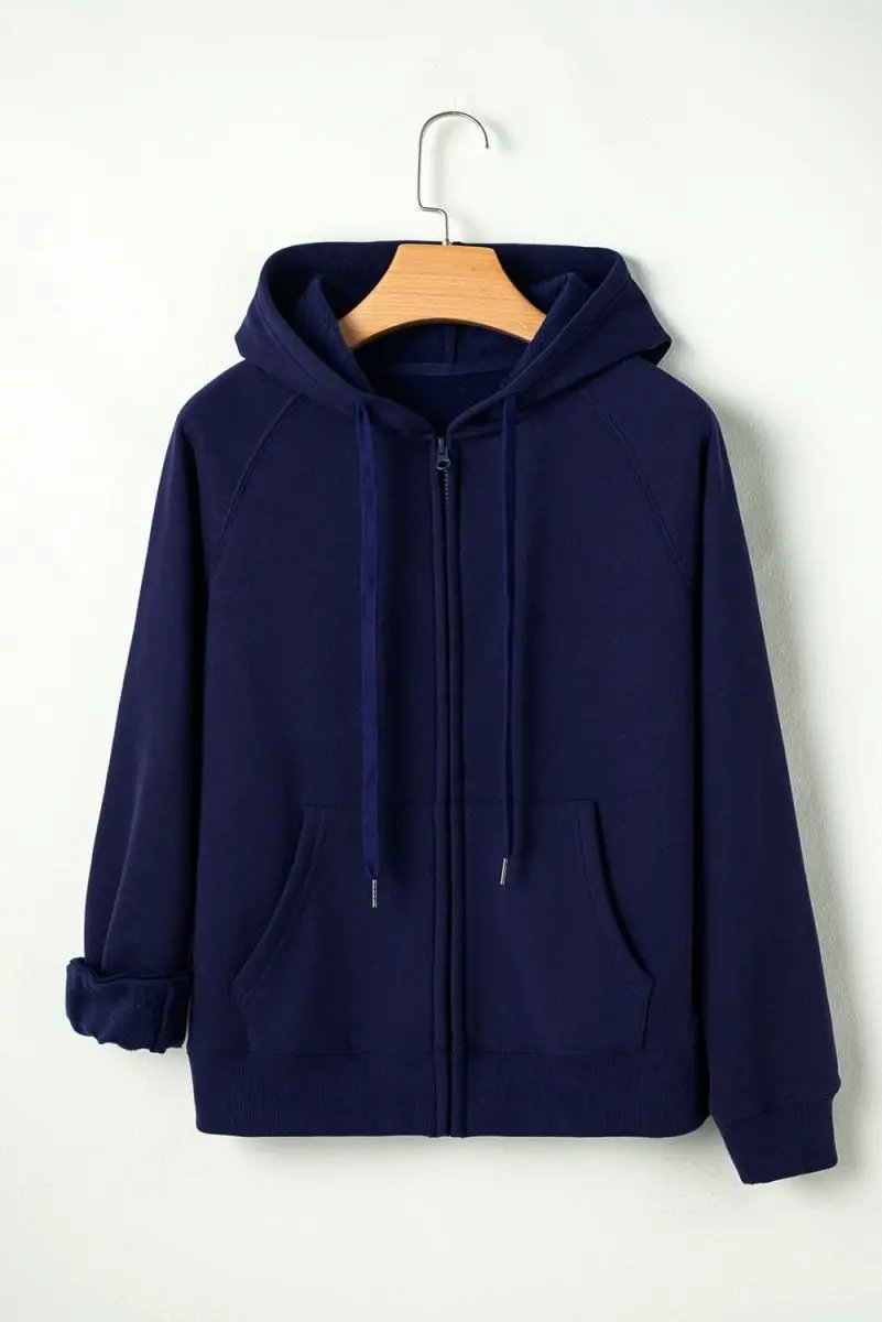 Navy Blue Solid Color Fleece Lined Zip up Hoodie - Love Salve 