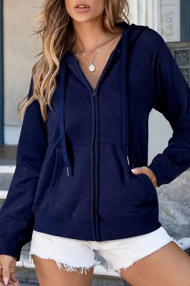 Navy Blue Solid Color Fleece Lined Zip up Hoodie - Love Salve 