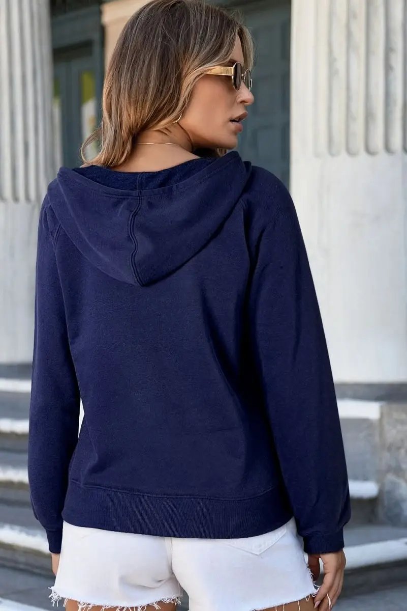 Navy Blue Solid Color Fleece Lined Zip up Hoodie - Love Salve 