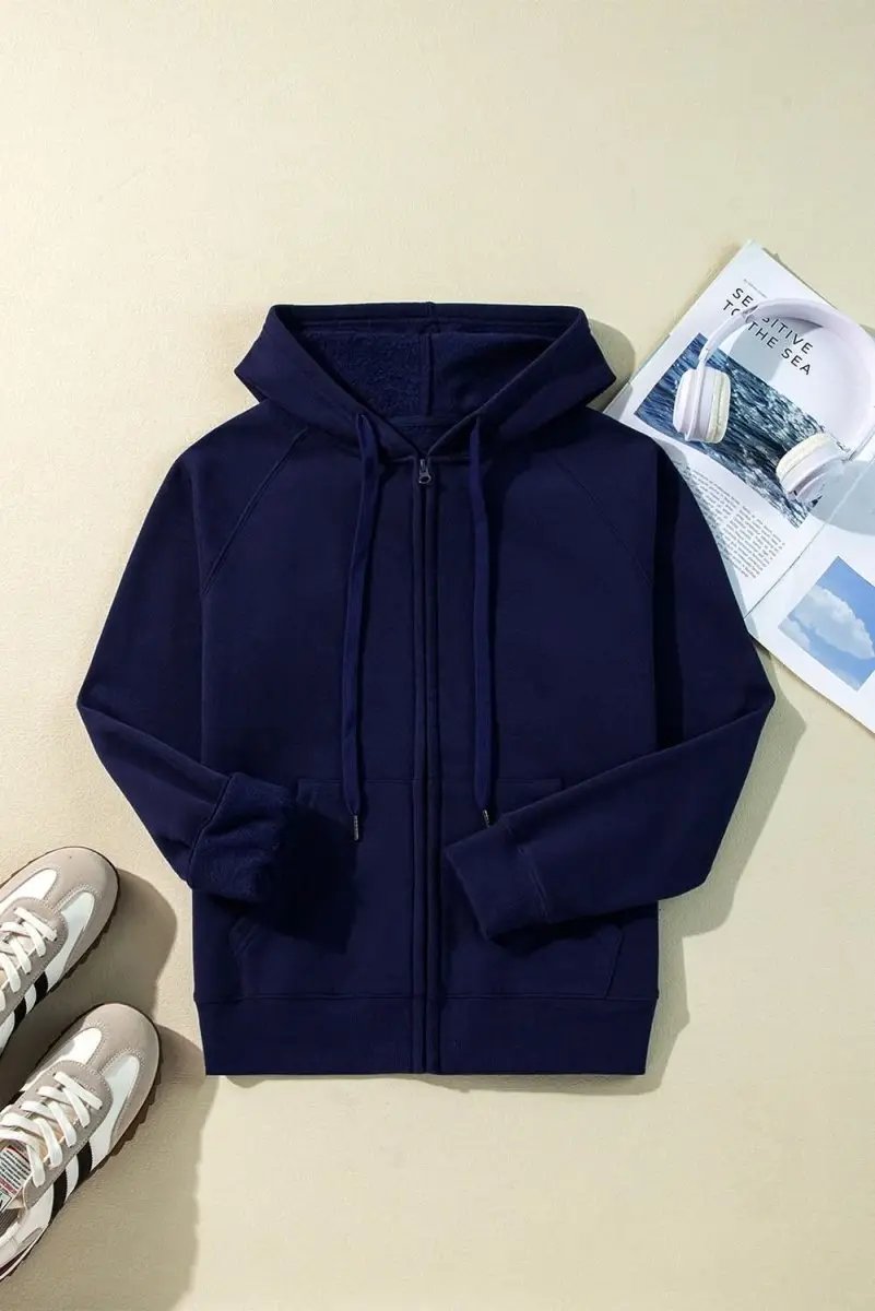 Navy Blue Solid Color Fleece Lined Zip up Hoodie - Love Salve 