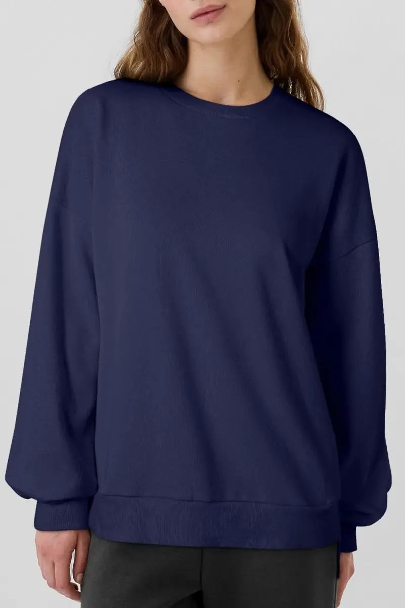 Navy Blue Solid Fleece Lined Drop Shoulder High Low Sweatshirt - Love Salve 